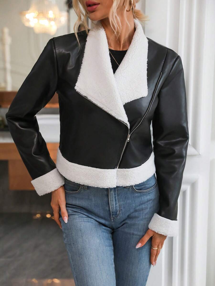 SHEIN Frenchy Teddy Lined Zip Up Moto Jacket - Black - View 1