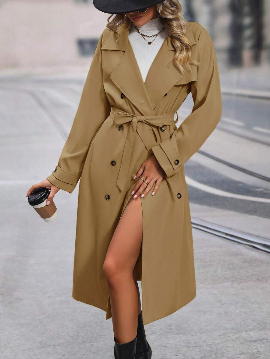 SHEIN Privé Đôi ngực Thắt lưng Áo khoác Trench - Màu Khaki - Xem 1