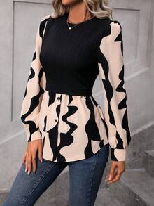 SHEIN LUNE Graphic Print Lantern Sleeve Peplum 2 In 1 Blouse - Black - View 5