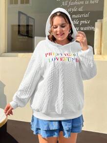 SHEIN EZwear Plus Size Letter Embroidery Drop Shoulder Drawstring Sweatshirt - White - View 6