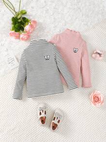 SHEIN 女小童2入組條紋印花小熊刺繡小高領T恤 - 彩色 - 查看 1