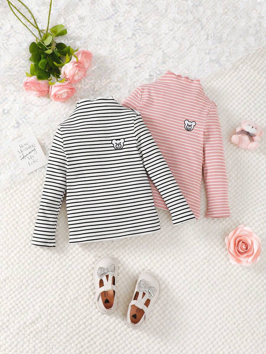 SHEIN 女小童2入組條紋印花小熊刺繡小高領T恤 - 彩色 - 查看 1