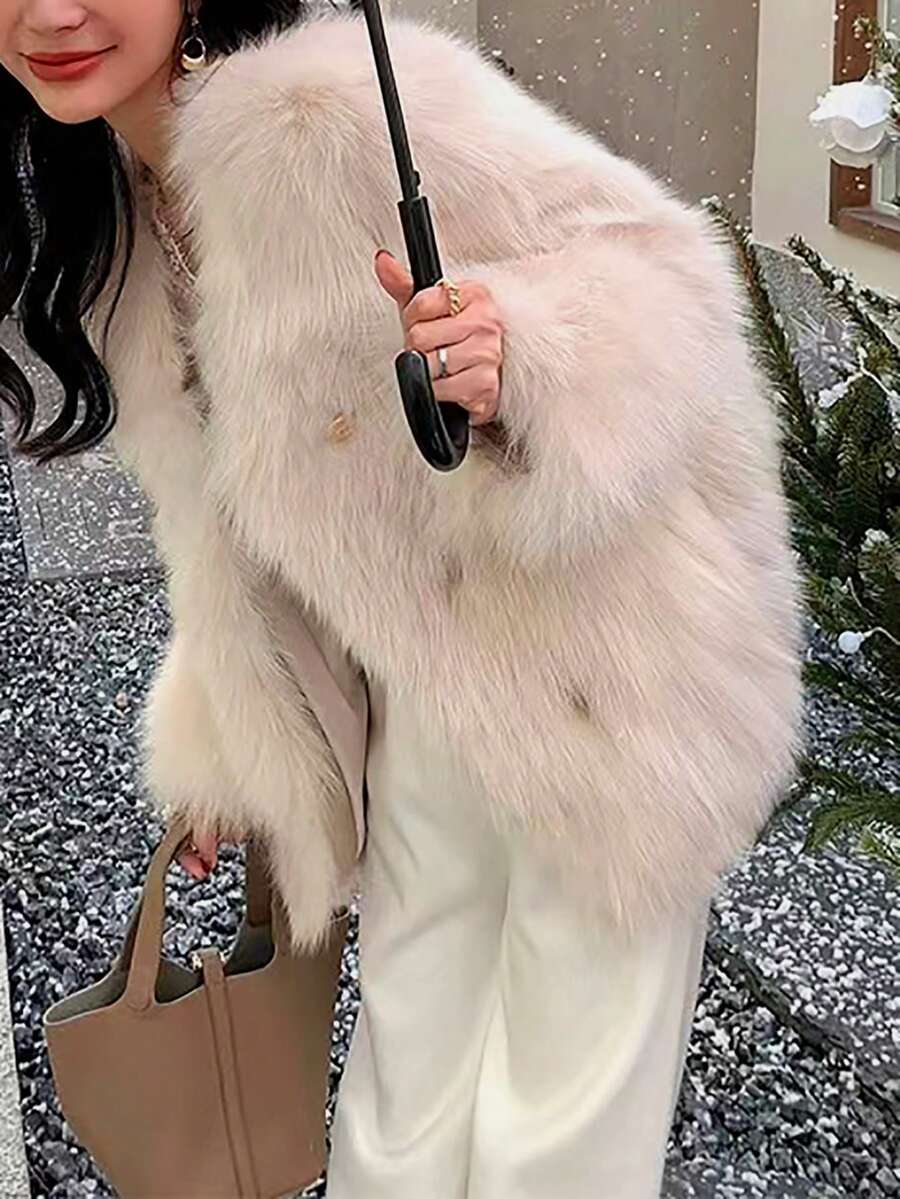 Solid Button Front Fluffy Coat - Maroon - View 1