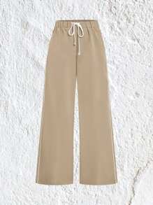 Muchica 腰部抽繩拼接側邊接縫闊腿褲 - 駝色 - 查看 1