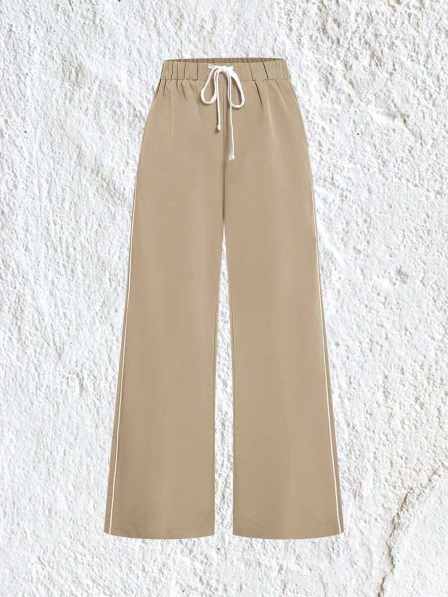 Muchica 腰部抽繩拼接側邊接縫闊腿褲 - 駝色 - 查看 1