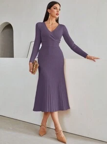 Modelyn Surplice Neck Pleated Hem Ribbed Knit Sweater Dress - Purple - View 3