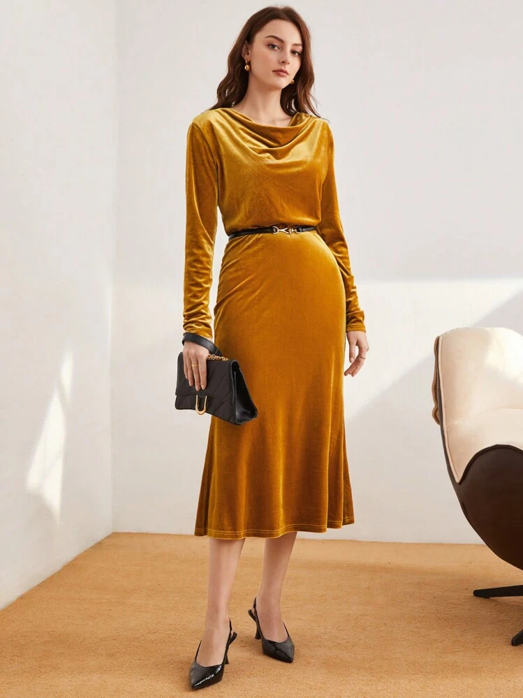 Knee Length Formal Mustard Yellow Dress BizChic Draped Collar Velvet Dress  Without Belt SHEIN USA