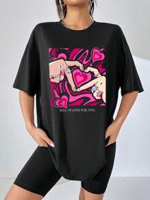 SHEIN EZwear Women's Pink Heart-Palm Printed Oversized T-Shirt With Round Neckline And Dropped Shoulders, FULL OF LOVE FOR YOU - Black - View 3