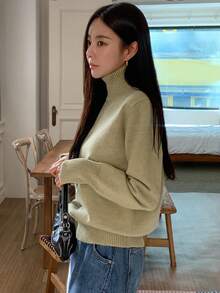 Dazy Star High Neck Drop Shoulder Sweater - Green - View 8