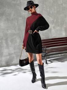 SHEIN Frenchy 雙色高領落肩袖洋裝不附腰帶 - 紅色 - 查看 4