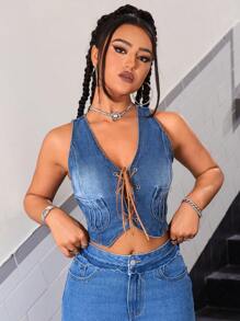 SHEIN ICON Lace Up Front Crop Tank Denim Top - Medium Wash - View 5