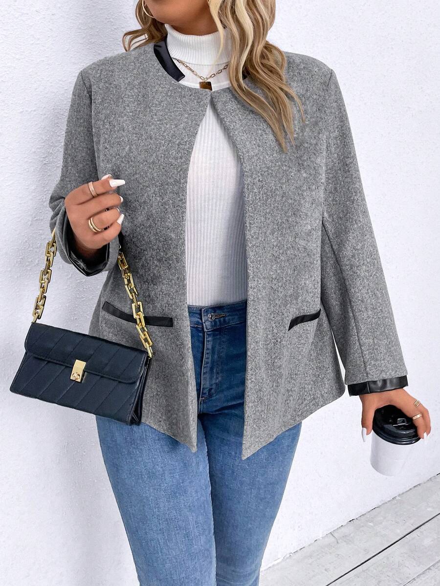 SHEIN LUNE Plus Contrast Trim Open Front Overcoat - Light Grey - View 1