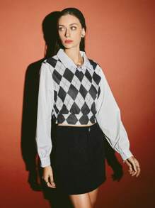 Muchica 菱形印花燈籠袖襯衫 - 黑與白 - 查看 4