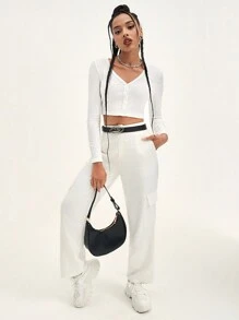 Muchica V Neck Button Front Ribbed Top - White - View 4
