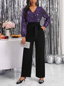 SHEIN Lady 亮片拼接腰帶闊腿連體褲 - 彩色 - 查看 3