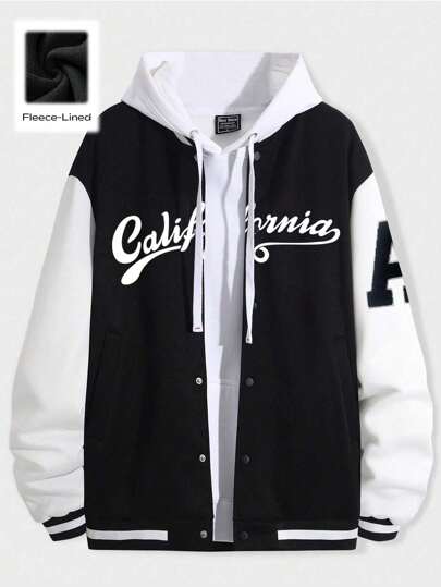 Prep Men Letter Graphic Two Tone Varsity Jacket Without Hoodie