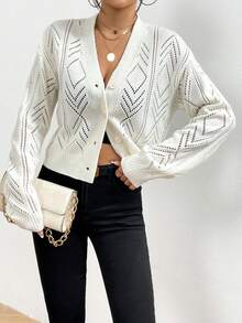SHEIN Frenchy Pointelle Knit Drop Shoulder Cardigan - White - View 5