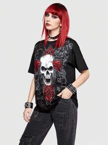 ROMWE Grunge Punk 女式骷髏印花長 T 卹 - 黑色 - 查看 6