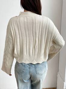 Chiquease Cable Knit Button Detail Drop Shoulder Knit Pullover Fall Winter Sweater - White - View 2