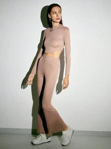 SHEIN EZwear Ribbed Knit Crop Top & Flare Leg Trousers - Khaki - View 3