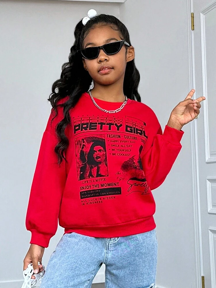 Tween Girl Slogan & Figure Graphic Drop Shoulder Pullover,In Fall/Winter