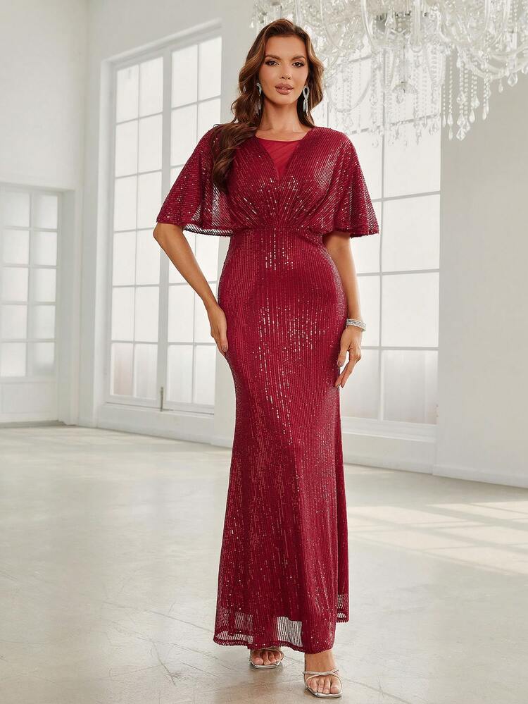 Butterfly Sleeve Mermaid Hem Sequin Formal Dress