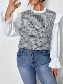 SHEIN Frenchy Plus Plaid Print Ruffle Trim Flounce Sleeve 2 In 1 Blouse - Black and White - View 4
