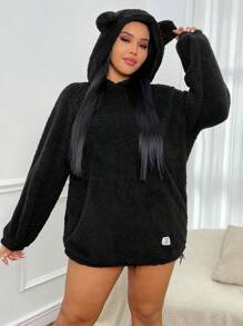 SHEIN EZwear Áo nỉ lông xù dáng rộng, có chữ in nổi và túi kangaroo, vai rớt. - màu đen - Xem 1