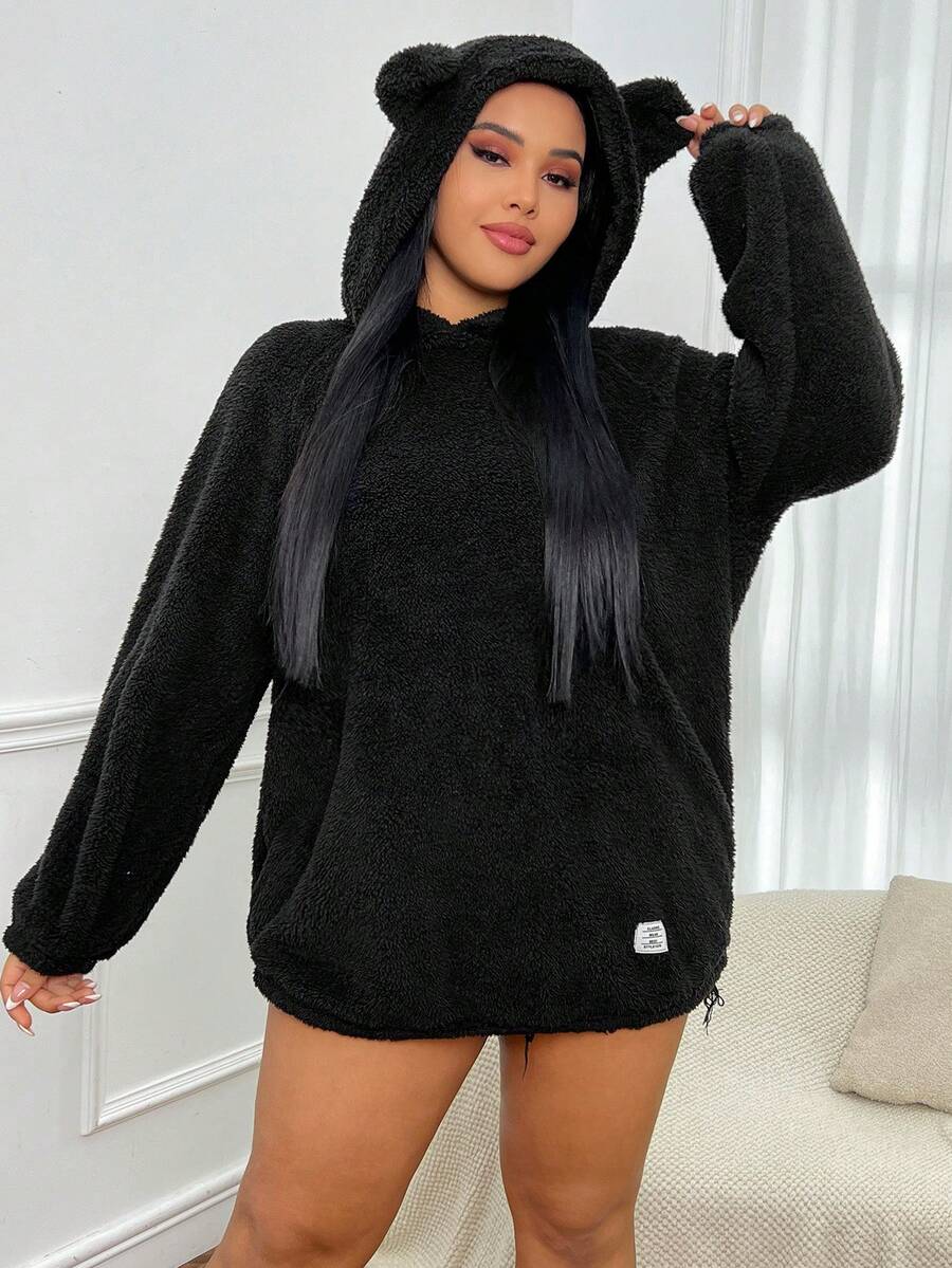 SHEIN EZwear Áo nỉ lông xù dáng rộng, có chữ in nổi và túi kangaroo, vai rớt. - màu đen - Xem 1