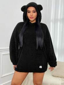 SHEIN EZwear Áo nỉ lông xù dáng rộng, có chữ in nổi và túi kangaroo, vai rớt. - màu đen - Xem 5