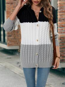 SHEIN LUNE Color Block Cable Knit Button Front Hooded Cardigan - Multicolor - View 6