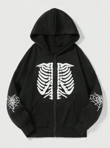 ROMWE Grunge Punk In Bộ xương Dây kéo Lót nhiệt Hoodie - màu đen - Xem 1
