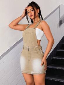SHEIN ICON Slant Pocket Belted Overall Denim Dress Without Tube Top - Khaki - View 5
