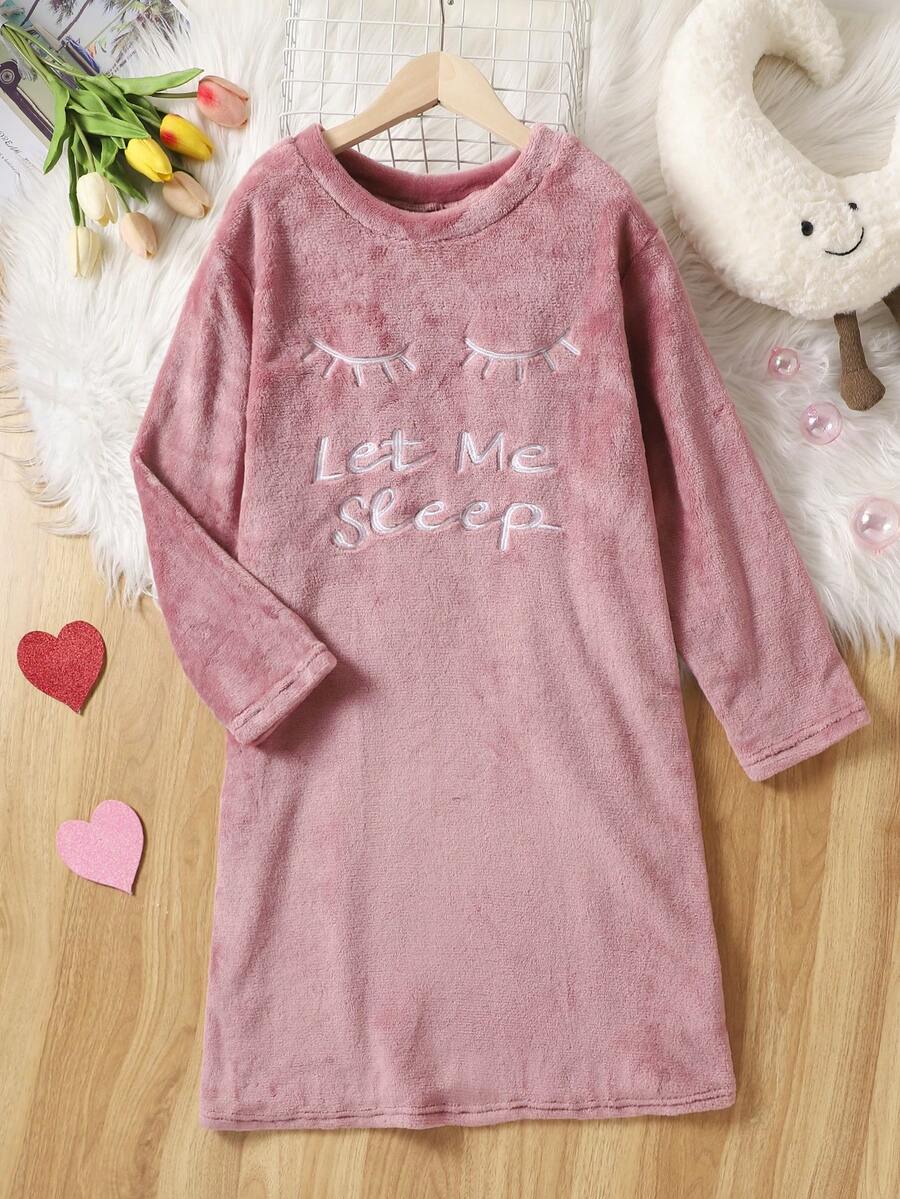 SHEIN Girls' Embroidered Letter Pattern Plush Warm Homewear Sleep Dress - Pink - View 1