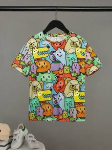 SHEIN 青少年男孩彩色休閒運動寬鬆卡通印花圓領t恤,適用於春夏季節 - 彩色 - 查看 1