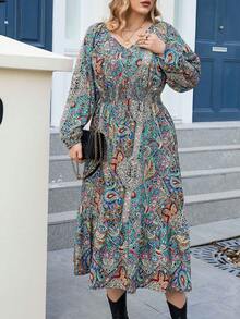 Calvaya 大碼佩斯利印花燈籠袖洋裝