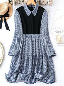 SHEIN LUNE Plus Plaid Print Ruffle Hem 2 In 1 Dress - Blue - View 1