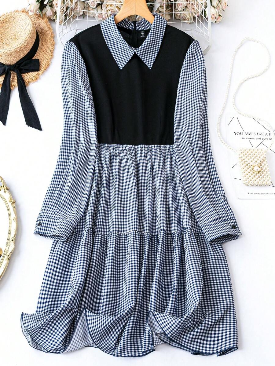 SHEIN LUNE Plus Plaid Print Ruffle Hem 2 In 1 Dress - Blue - View 1