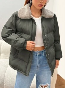 SHEIN EZwear 秋冬款绿色编织绒毛领女款夹棉大衣 - 軍綠色 - 查看 4