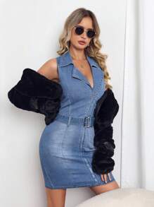 SHEIN Privé 拉鏈開襟腰帶緊身牛仔洋裝 - 中等水洗藍 - 查看 5