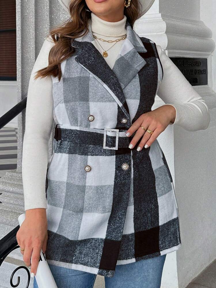 Plus Plaid Print Double Breasted Vest Tweed Overcoat