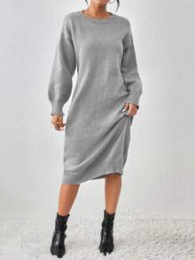 SHEIN Essnce Drop Shoulder Sweater Dress Without Belt - Grey - View 4