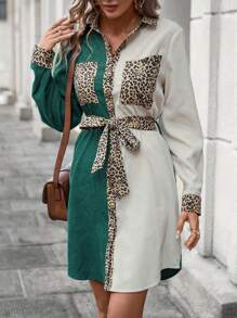 SHEIN LUNE 豹紋印花撞色補丁貼口袋腰帶襯衫洋裝 - 彩色 - 查看 1