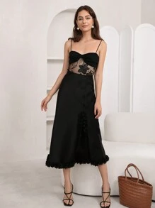 SHEIN Privé Solid 3D Appliques Trim Skirt - Black - View 3