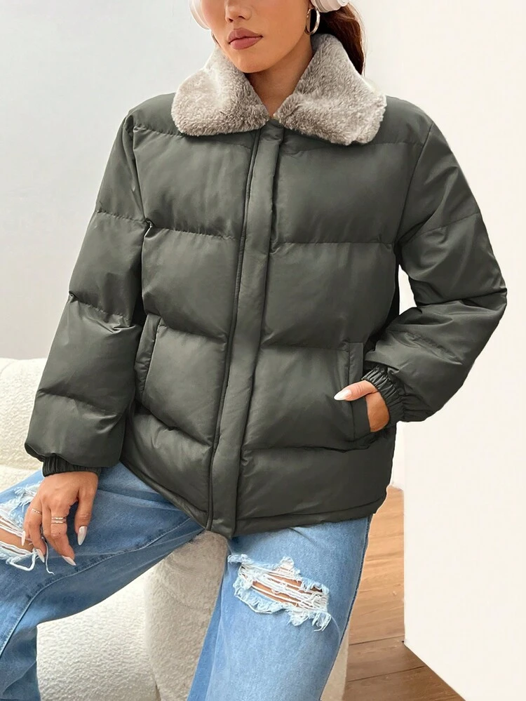 Green Weave Fluff Collar Women's Padded Coat In Fall/Winter