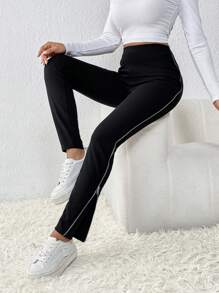 SHEIN Essnce Pantalones de talle alto ribete en contraste - Negro - Ver 1