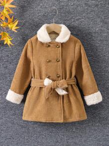SHEIN Cô Gái Trẻ Cổ áo Borg Đôi ngực Thắt lưng áo - Màu Khaki - Xem 1
