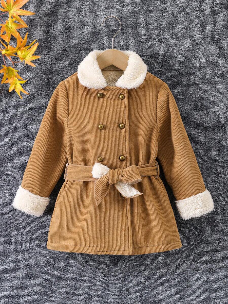 SHEIN Cô Gái Trẻ Cổ áo Borg Đôi ngực Thắt lưng áo - Màu Khaki - Xem 1