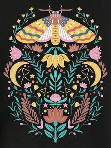 SHEIN EZwear 印花抽繩加絨內裏連帽衫 - 黑色 - 查看 3