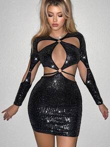 Sweetina 鏤空環鏈亮片緊身洋裝 - 黑色 - 查看 3